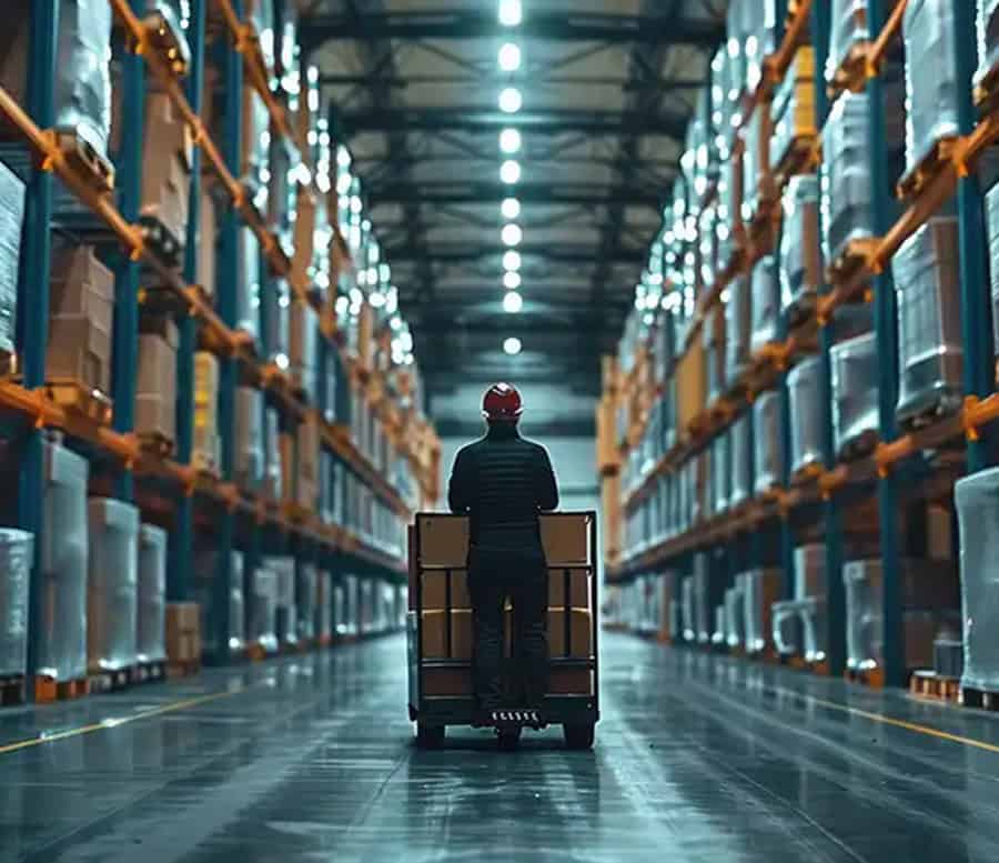 Man on a Forklift in a manufacturing warehouse.